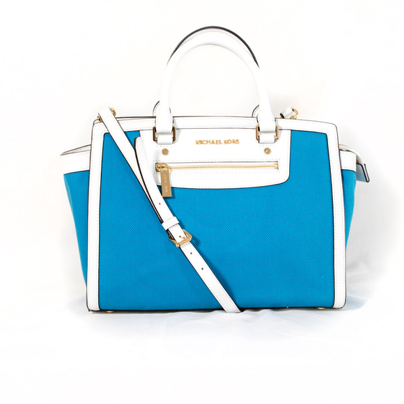 New Michael Kors 'Selma' canvas satchel - blue - Picture 1 of 4